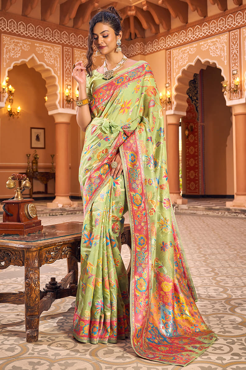 Dazzling Pista Linen Silk Saree With Flamboyant Blouse Piece - Image 4