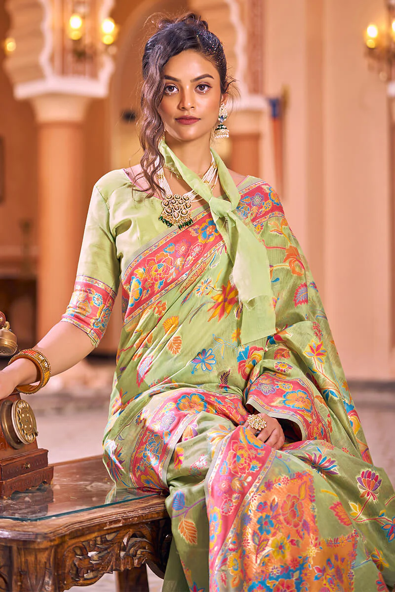 Dazzling Pista Linen Silk Saree With Flamboyant Blouse Piece - Image 5