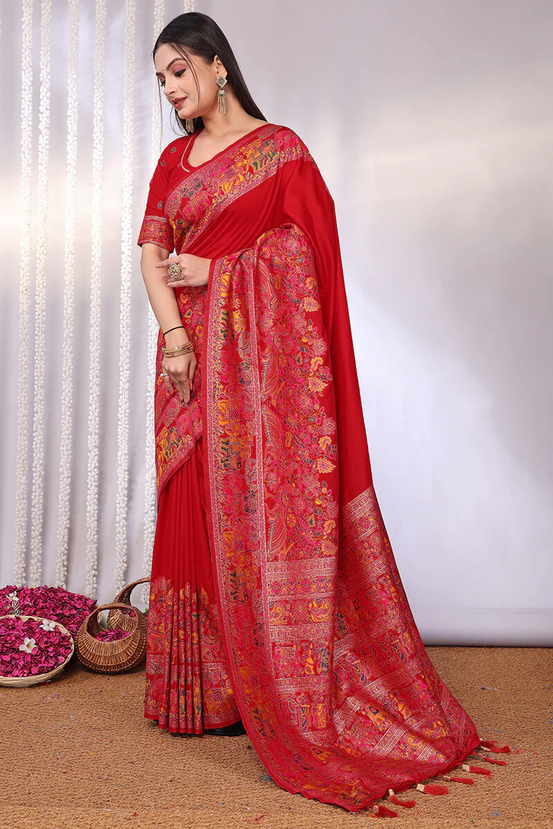 Dazzling Red Pashmina Saree With Fugacious Blouse Piece - Image 3