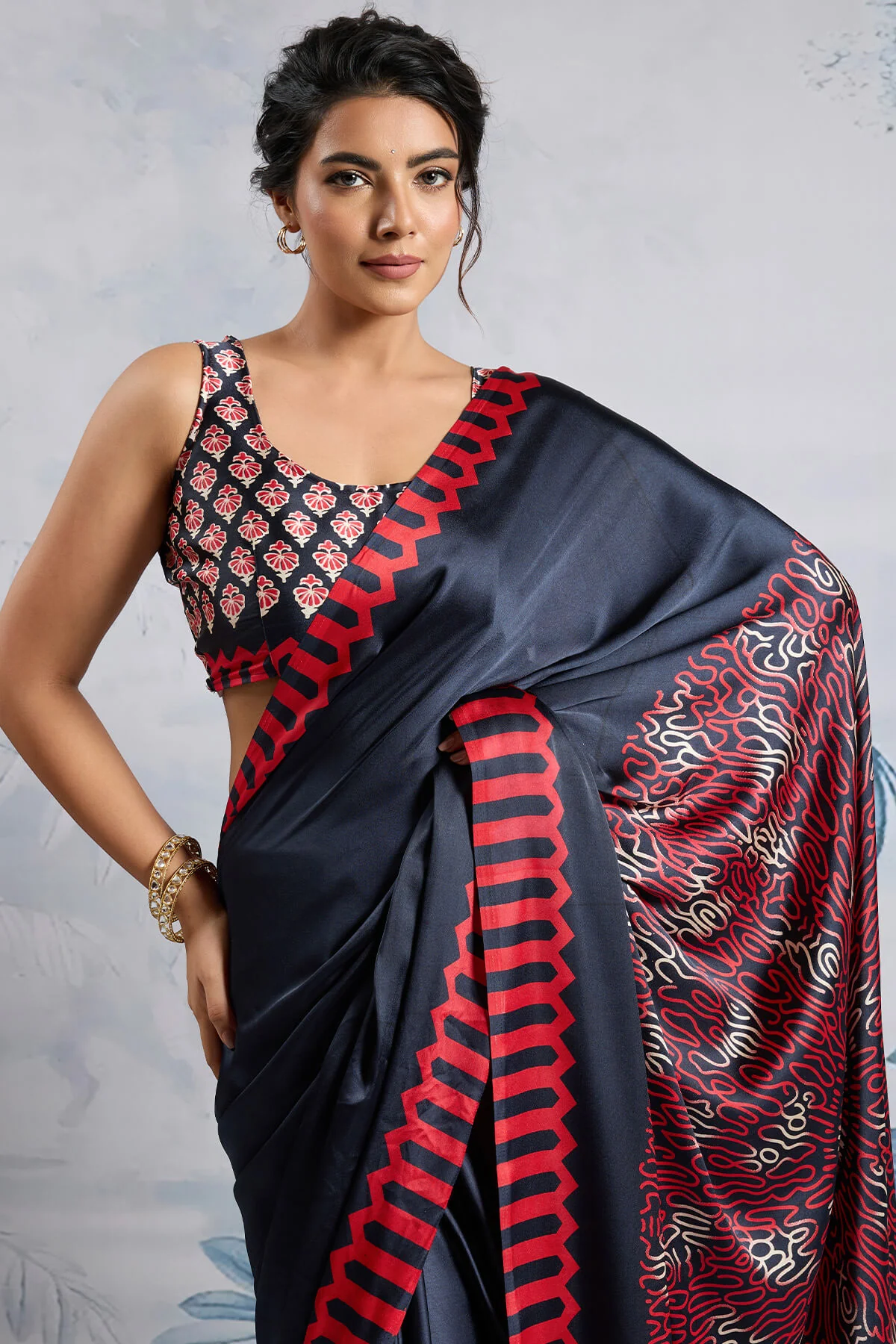 Delectable Black Ajrakh Printed Satin Silk Saree With Admirable Blouse Piece - Image 2