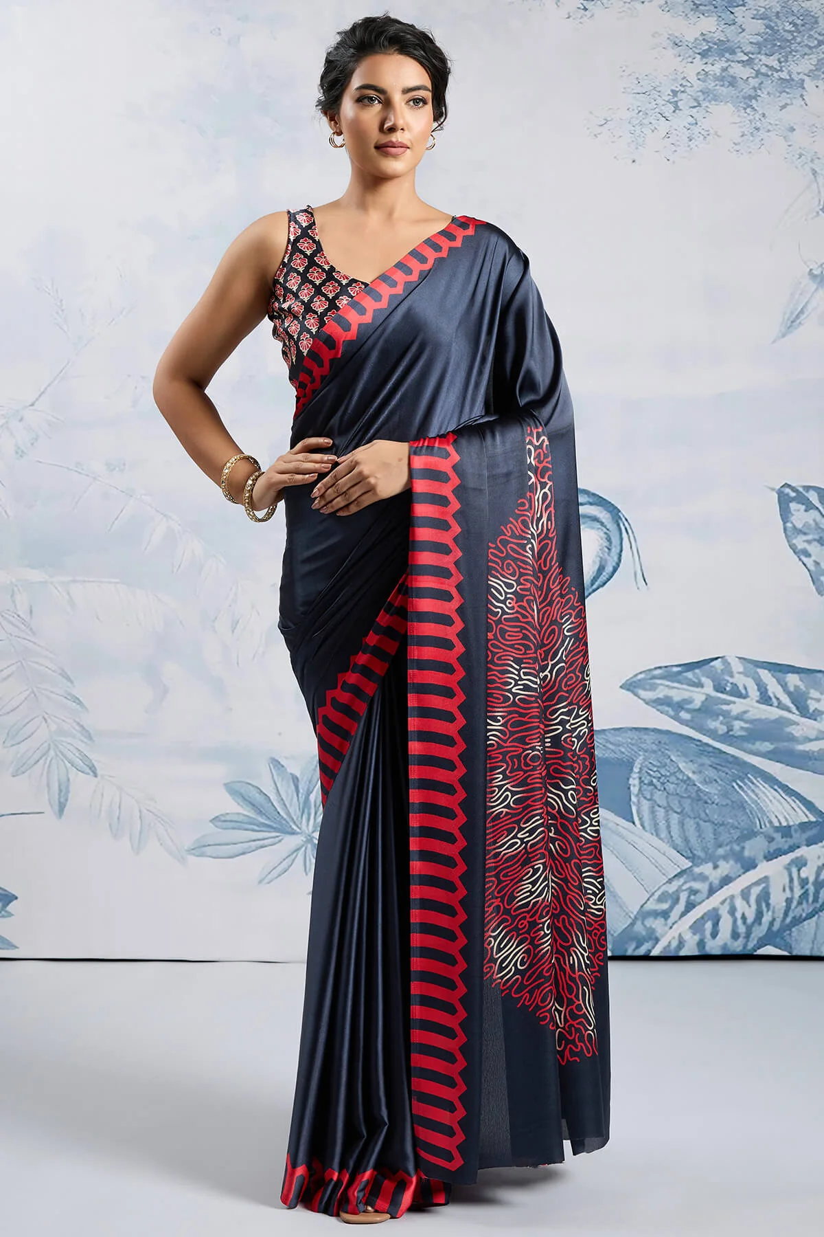 Delectable Black Ajrakh Printed Satin Silk Saree With Admirable Blouse Piece - Image 3
