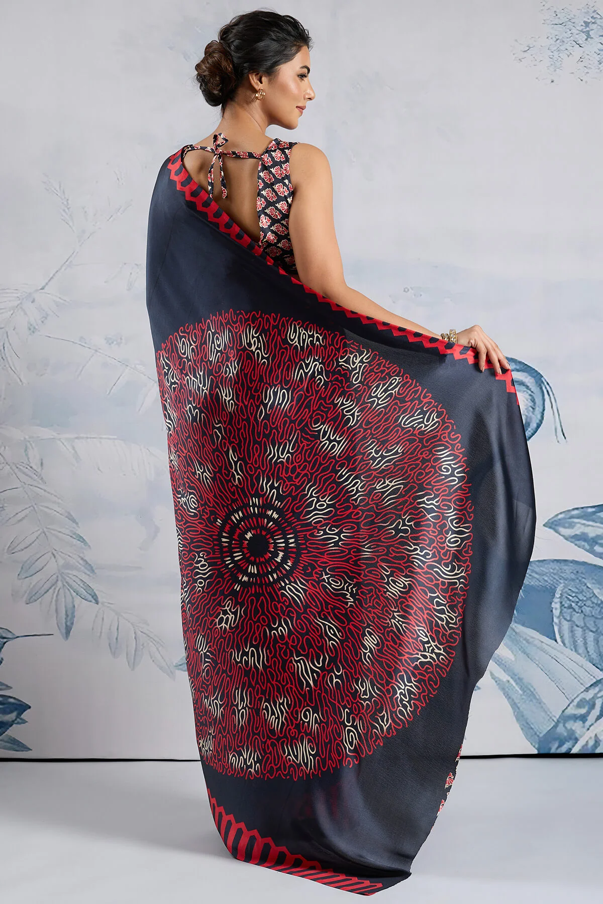 Delectable Black Ajrakh Printed Satin Silk Saree With Admirable Blouse Piece - Image 6