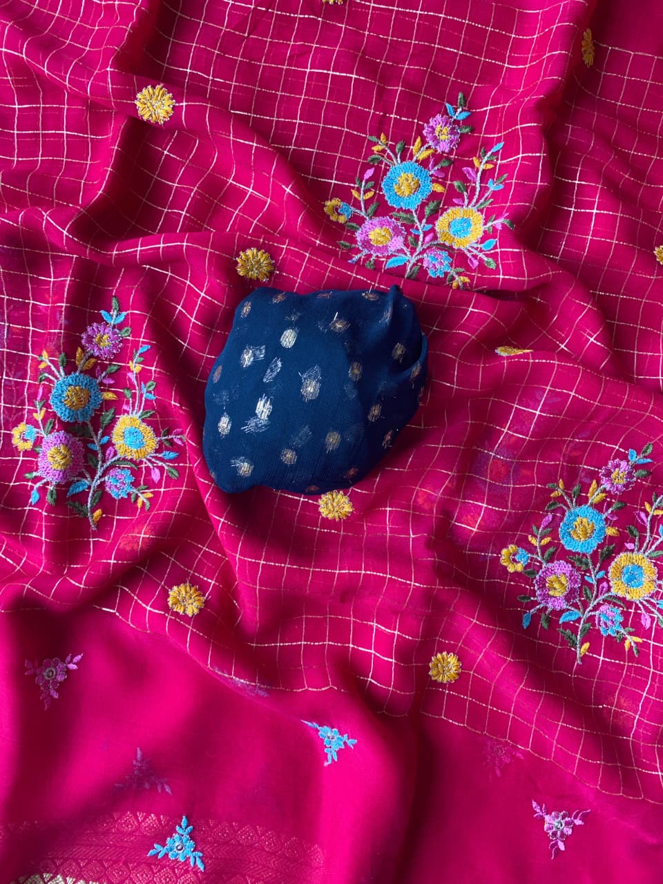 Delectable Dark Pink Embroidery Work Pure Georgette Saree With Classic Blouse Piece - Image 3