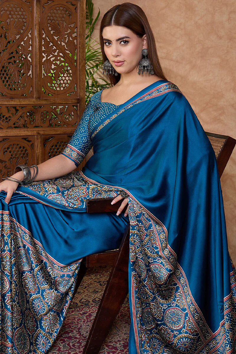 Delectable Rama Ajrakh Printed Semi Modal Silk Saree With Classic Blouse Piece - Image 2