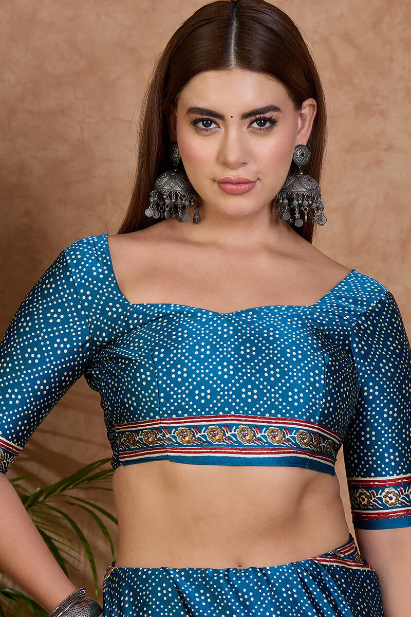 Delectable Rama Ajrakh Printed Semi Modal Silk Saree With Classic Blouse Piece - Image 4