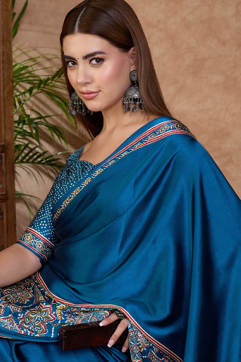 Delectable Rama Ajrakh Printed Semi Modal Silk Saree With Classic Blouse Piece - Image 6