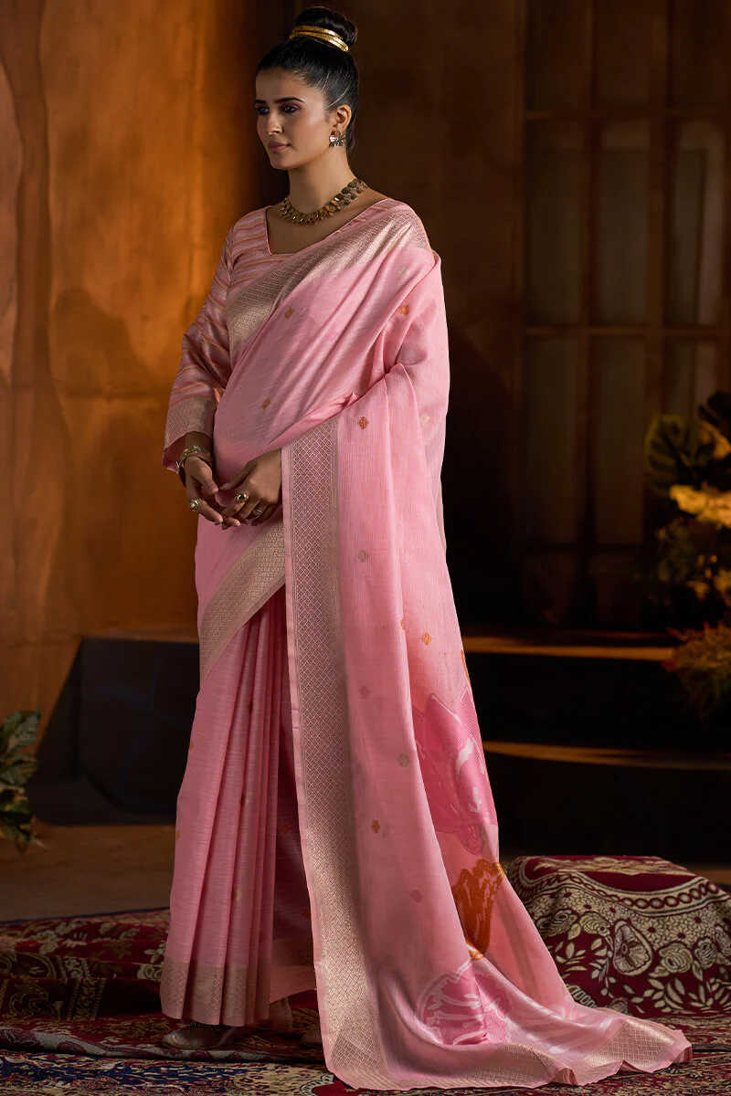 Delightful Baby Pink Cotton Silk Saree With Groovy Blouse Piece - Image 3