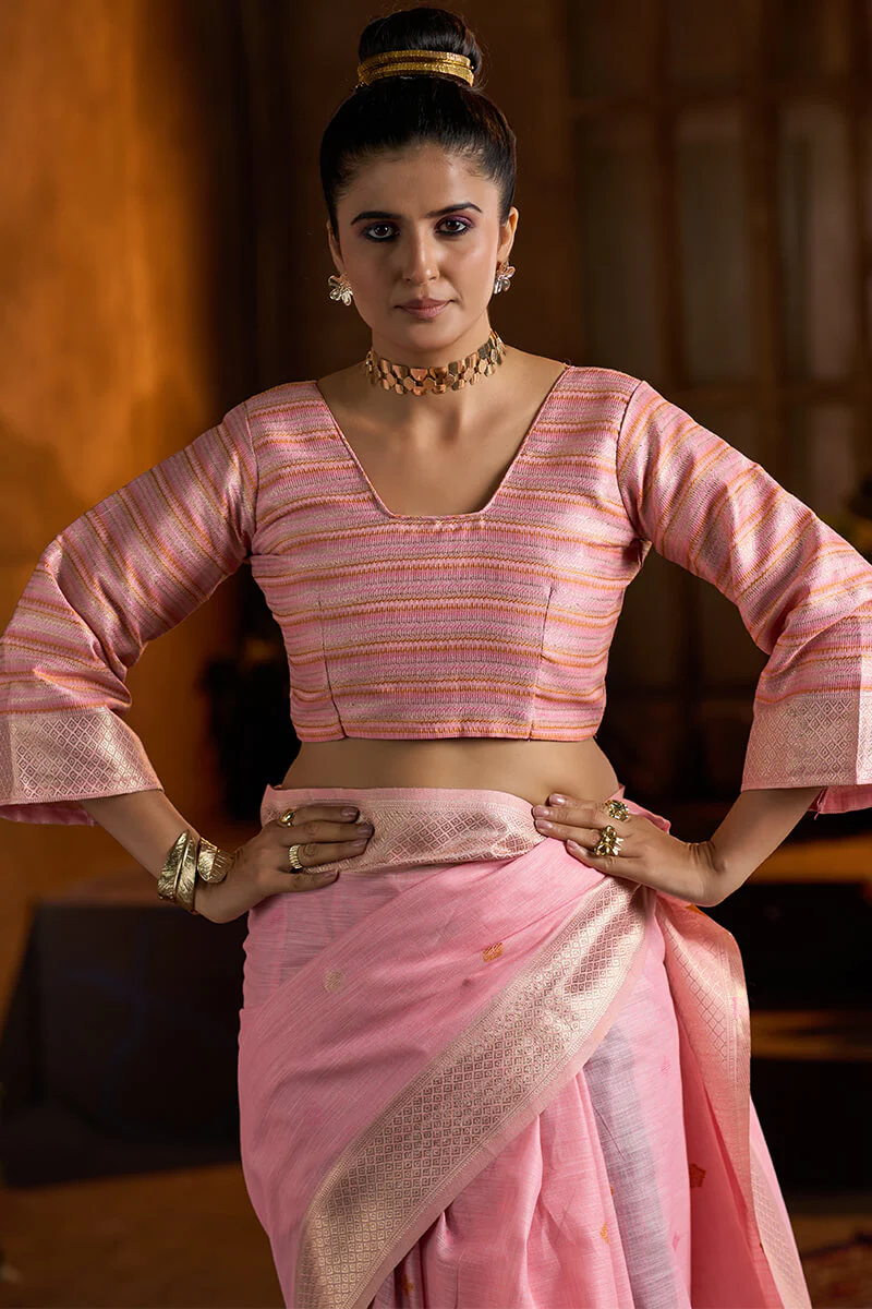 Delightful Baby Pink Cotton Silk Saree With Groovy Blouse Piece - Image 5