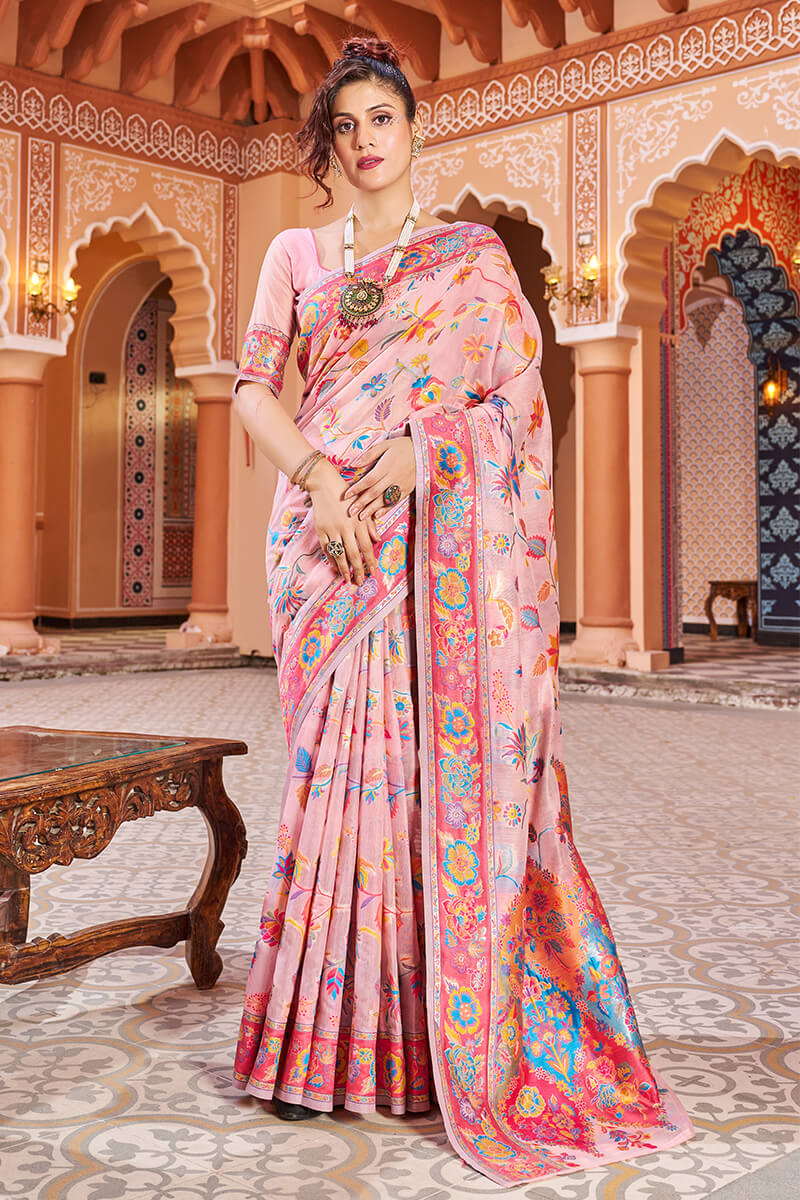 Delightful Baby Pink Linen Silk Saree With Prettiest Blouse Piece - Image 4