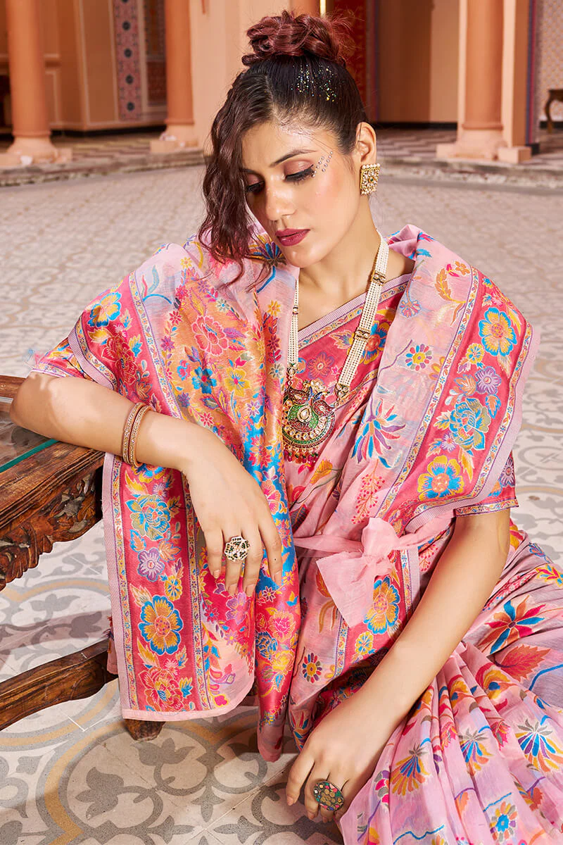 Delightful Baby Pink Linen Silk Saree With Prettiest Blouse Piece - Image 5