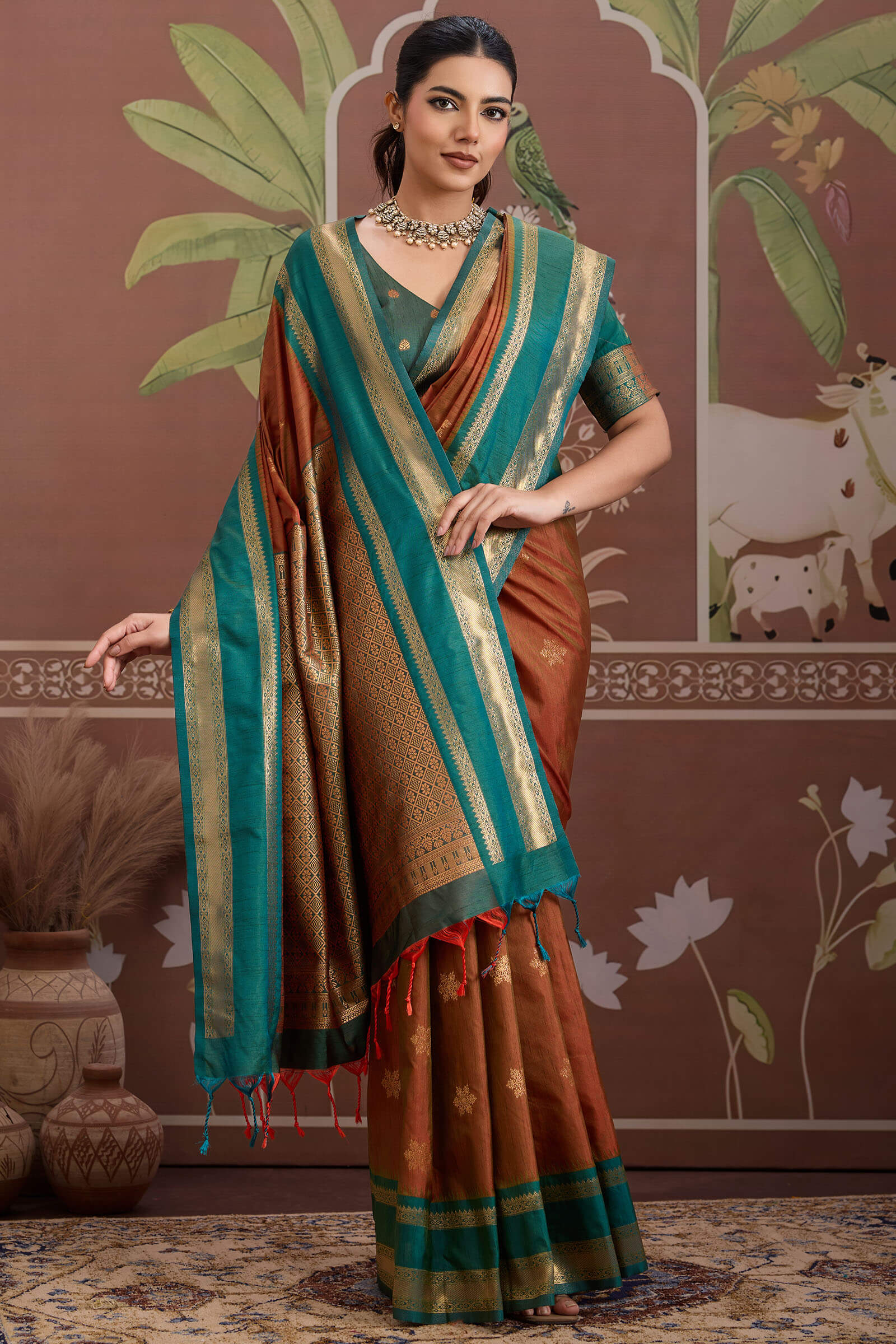 Delightful Brown Banarasi Tussar Silk Saree With Energetic Blouse Piece - Image 5