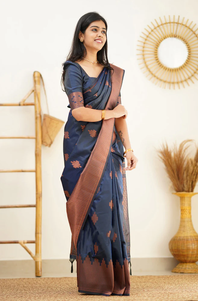 Delightful Navy Blue Soft Silk Saree With Prettiest Blouse Piece - Image 6