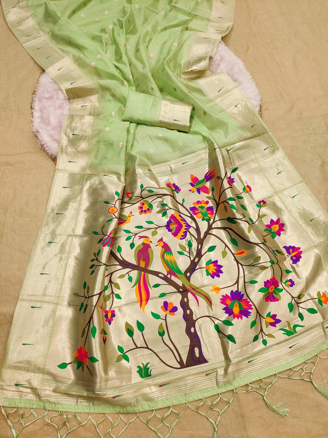 Delightful Pista Paithani Silk Saree With Sonorous Blouse Piece - Image 2