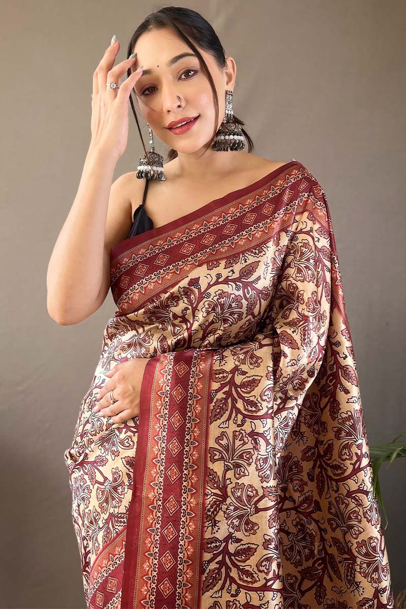 Demanding Beige Digital Printed Soft Silk Saree With Hypnotic Blouse Piece - Image 2