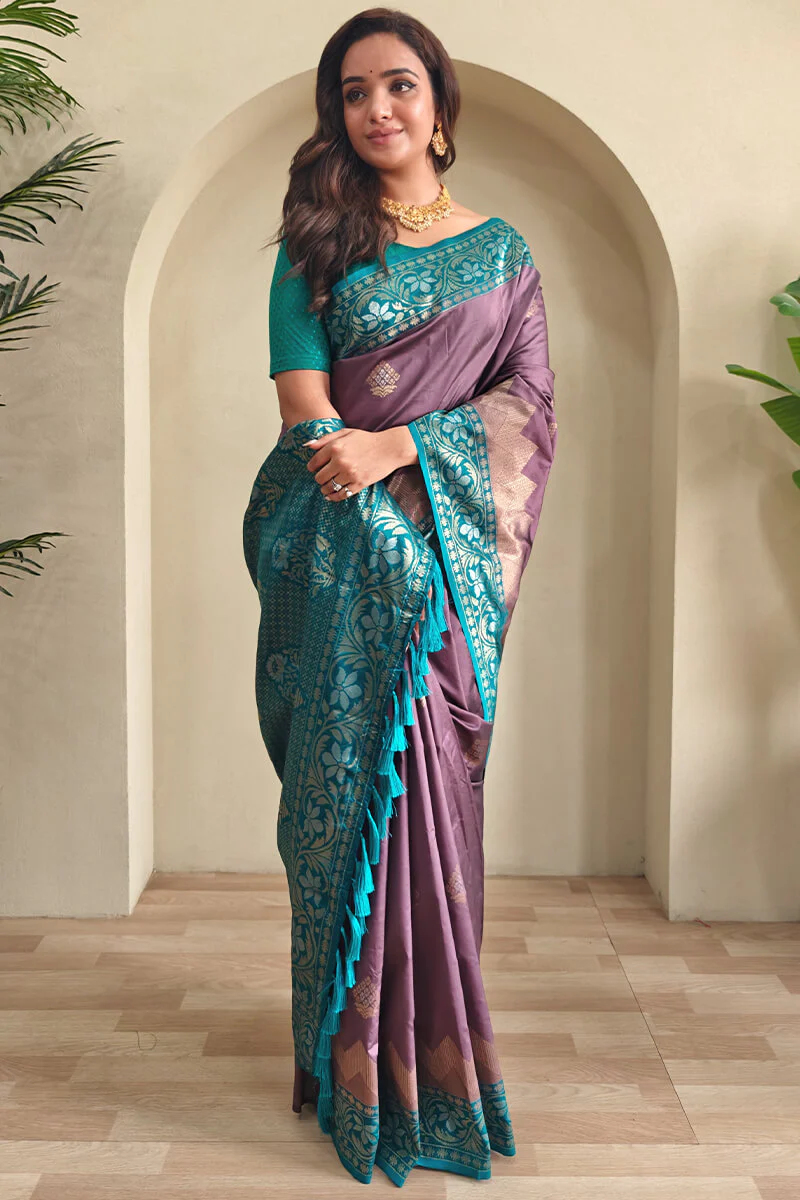 Demanding Brown Soft Banarasi Silk Saree With Glowing Blouse Piece - Image 2