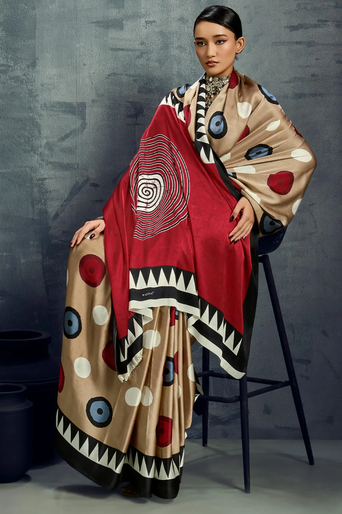 Demanding Dark Beige Ajrakh Printed Satin Silk Saree With Radiant Blouse Piece - Image 3