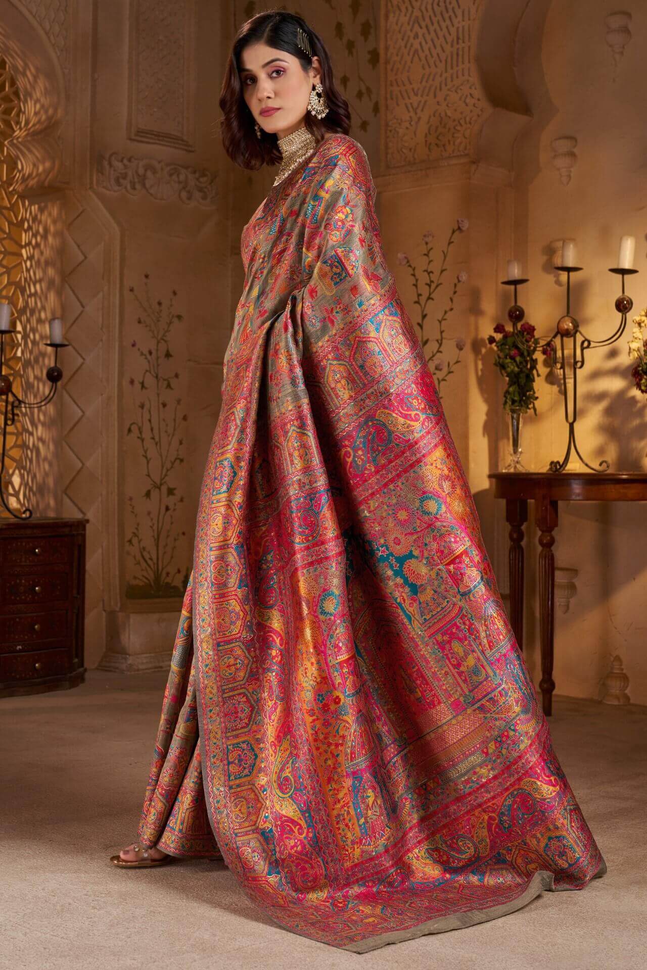 Demanding Grey Pashmina Saree With Super classy Blouse Piece - Image 3