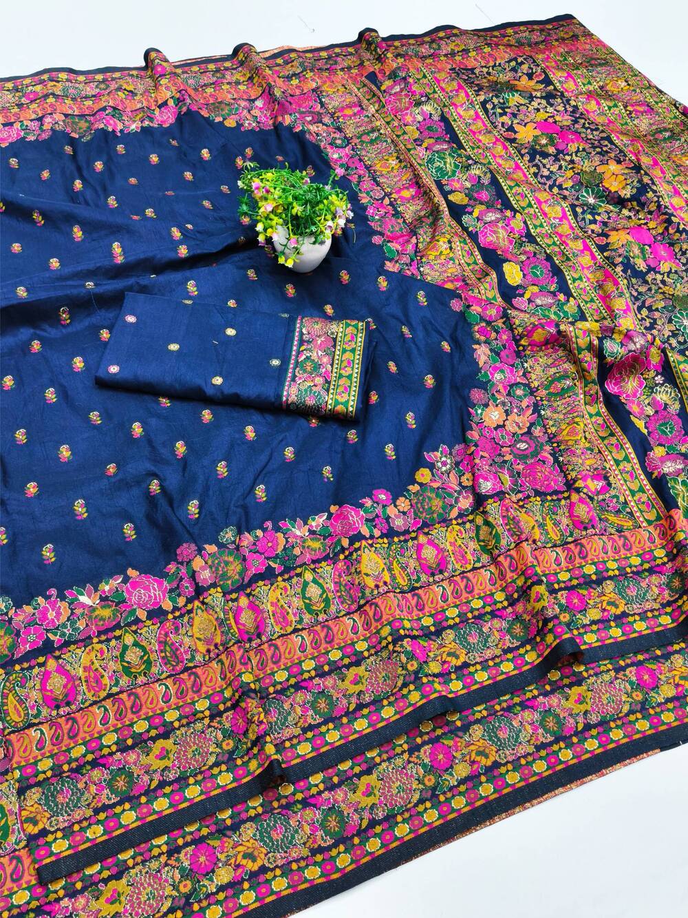 Demanding Navy Blue Nylon Dola Pashmina Saree With Gleaming Blouse Piece - Image 2