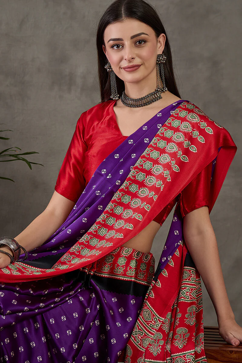 Demanding Purple Ajrakh Printed Semi Modal Silk Saree With Dalliance Blouse Piece - Image 2