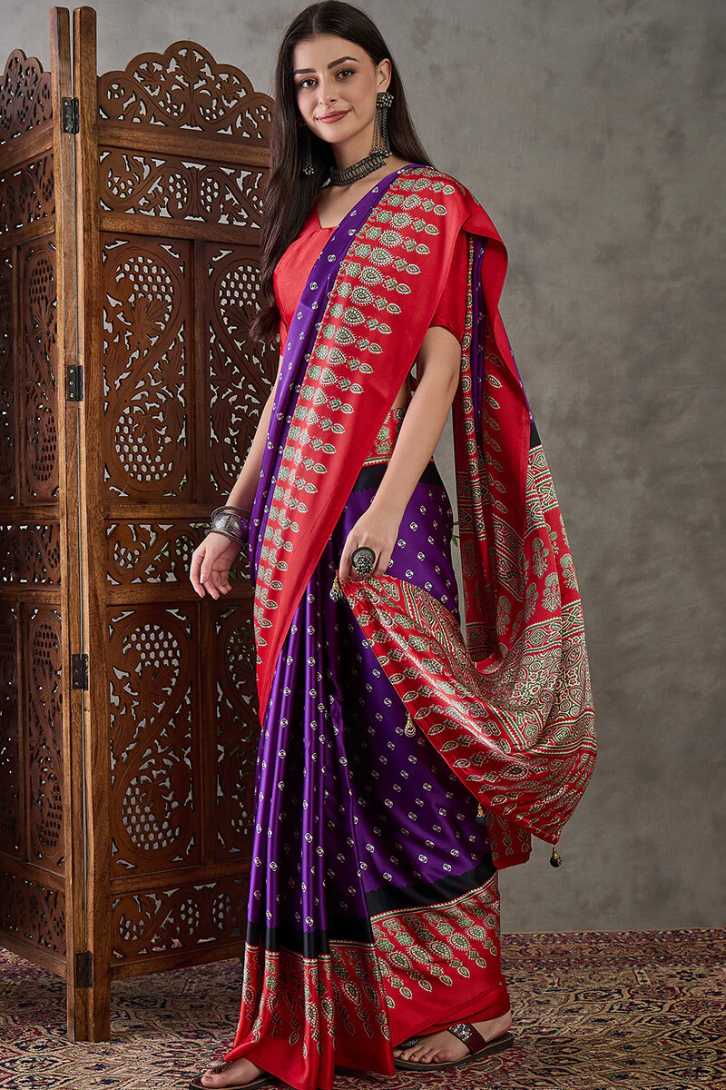 Demanding Purple Ajrakh Printed Semi Modal Silk Saree With Dalliance Blouse Piece - Image 3