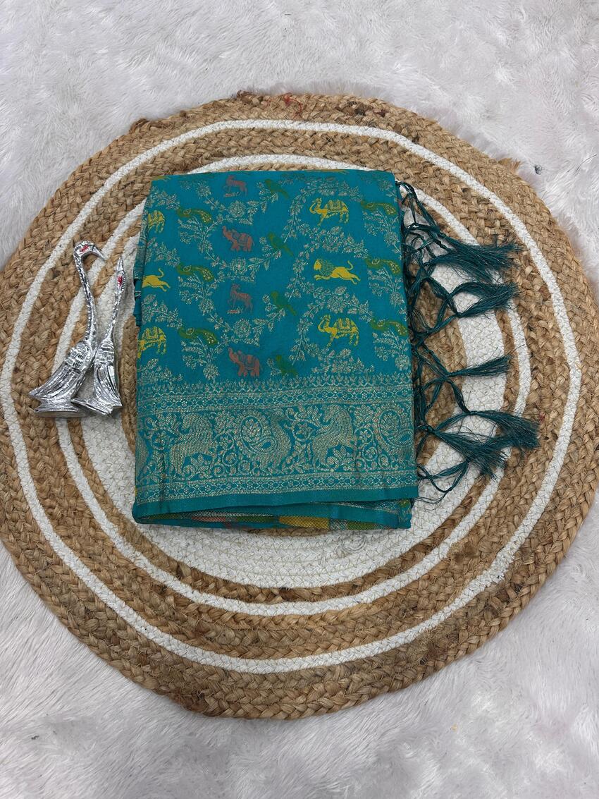 Demanding Sea Green Soft Banarasi Silk Saree With Radiant Blouse Piece - Image 4