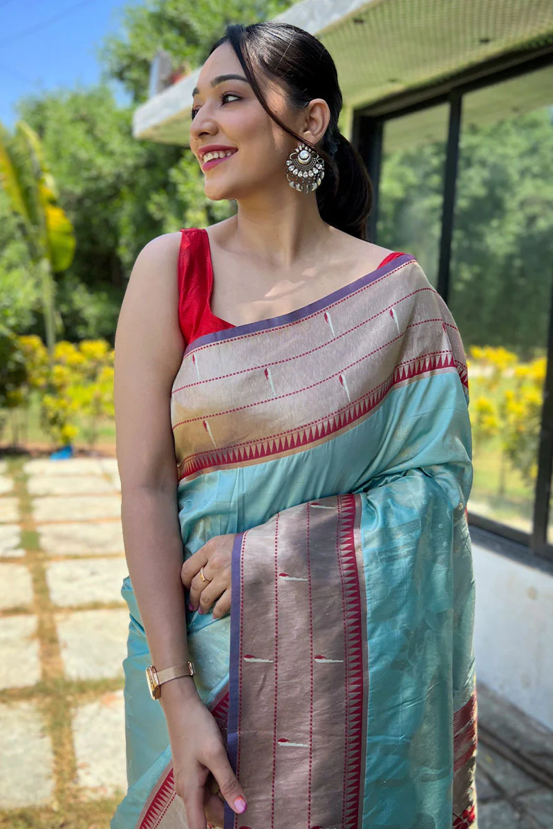 Demanding Sky Paithani Silk Saree With Outstanding Blouse Piece - Image 2