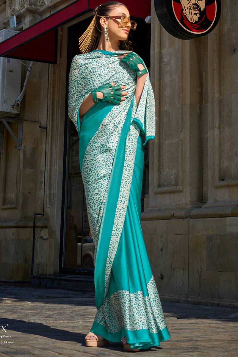 Demanding Turquoise Digital Printed Satin Silk Saree With Intricate Blouse Piece - Image 2