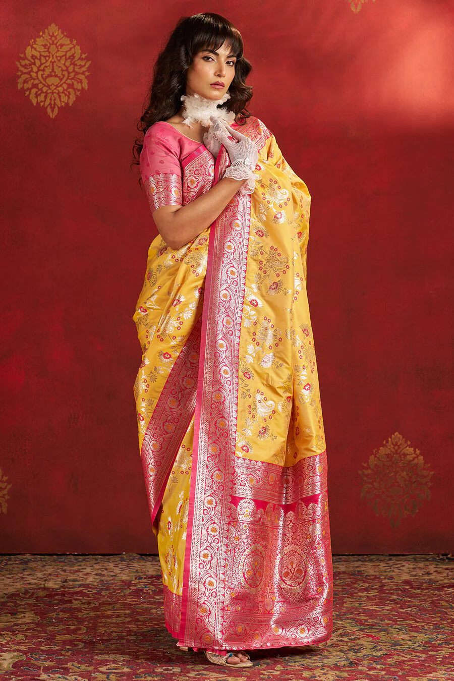Demanding Yellow Pure Zari Weaving Banarasi Silk Saree With Girlish Blouse Piece - Image 3