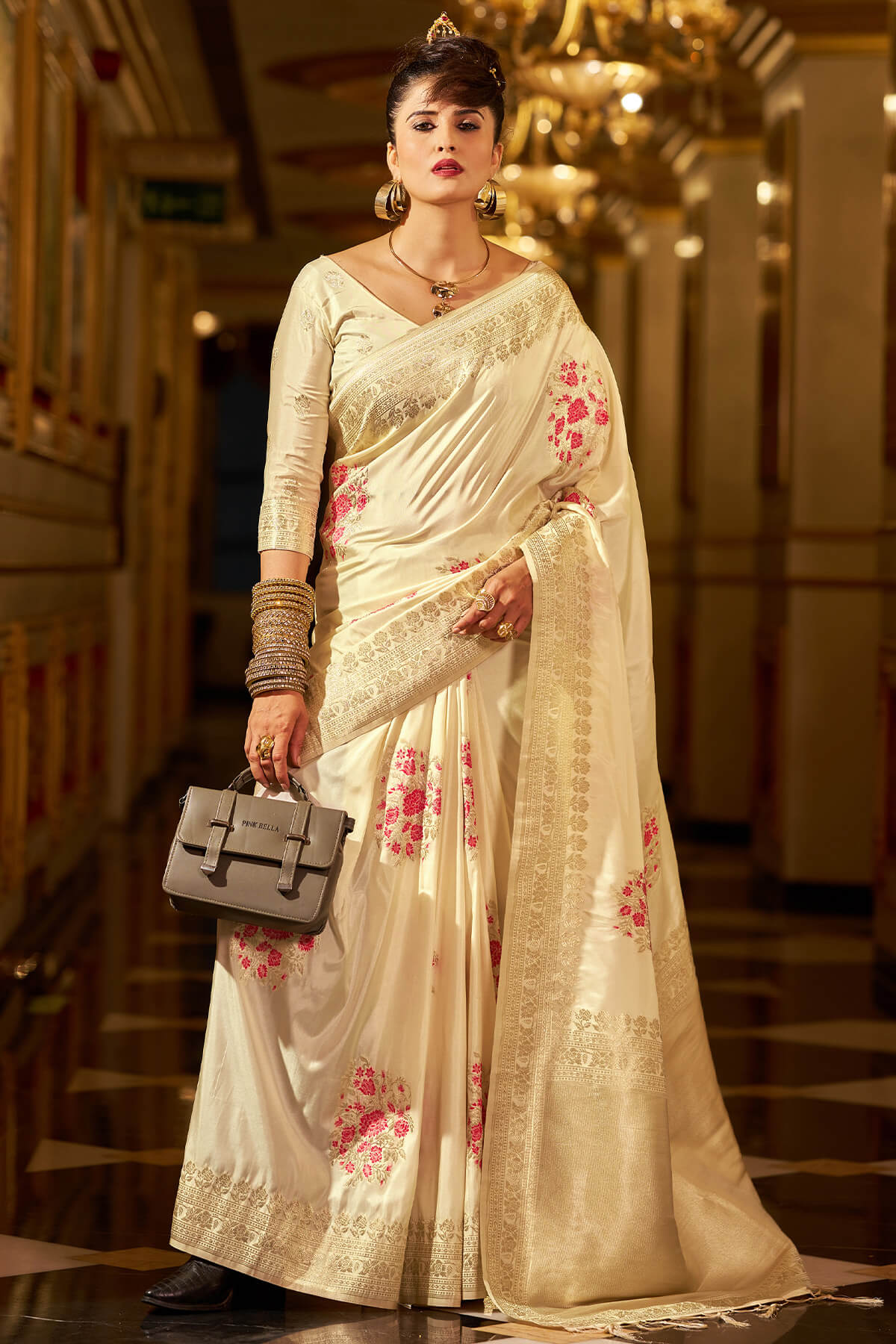 Demesne Beige Pure Zari Weaving Banarasi Silk Saree With Scintillating Blouse Piece - Image 4