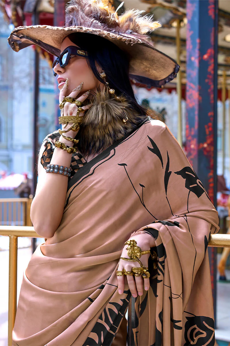 Demesne Brown Digital Printed Satin Silk Saree With Serendipity Blouse Piece - Image 3