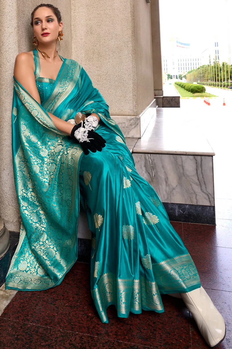Demesne Firozi Banarasi Satin Silk Saree With Murmurous Blouse - Image 3