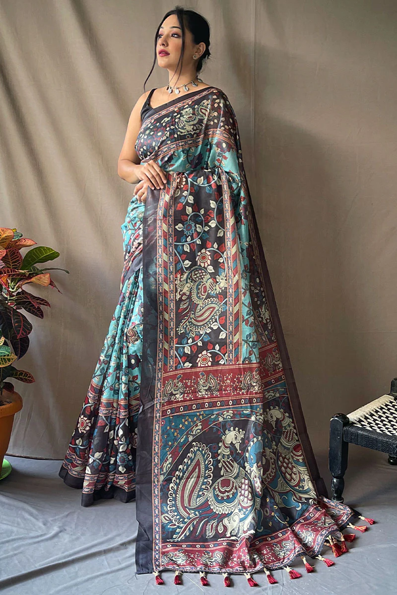Demesne Firozi Kalamkari Printed Saree With Sumptuous Blouse Piece - Image 2