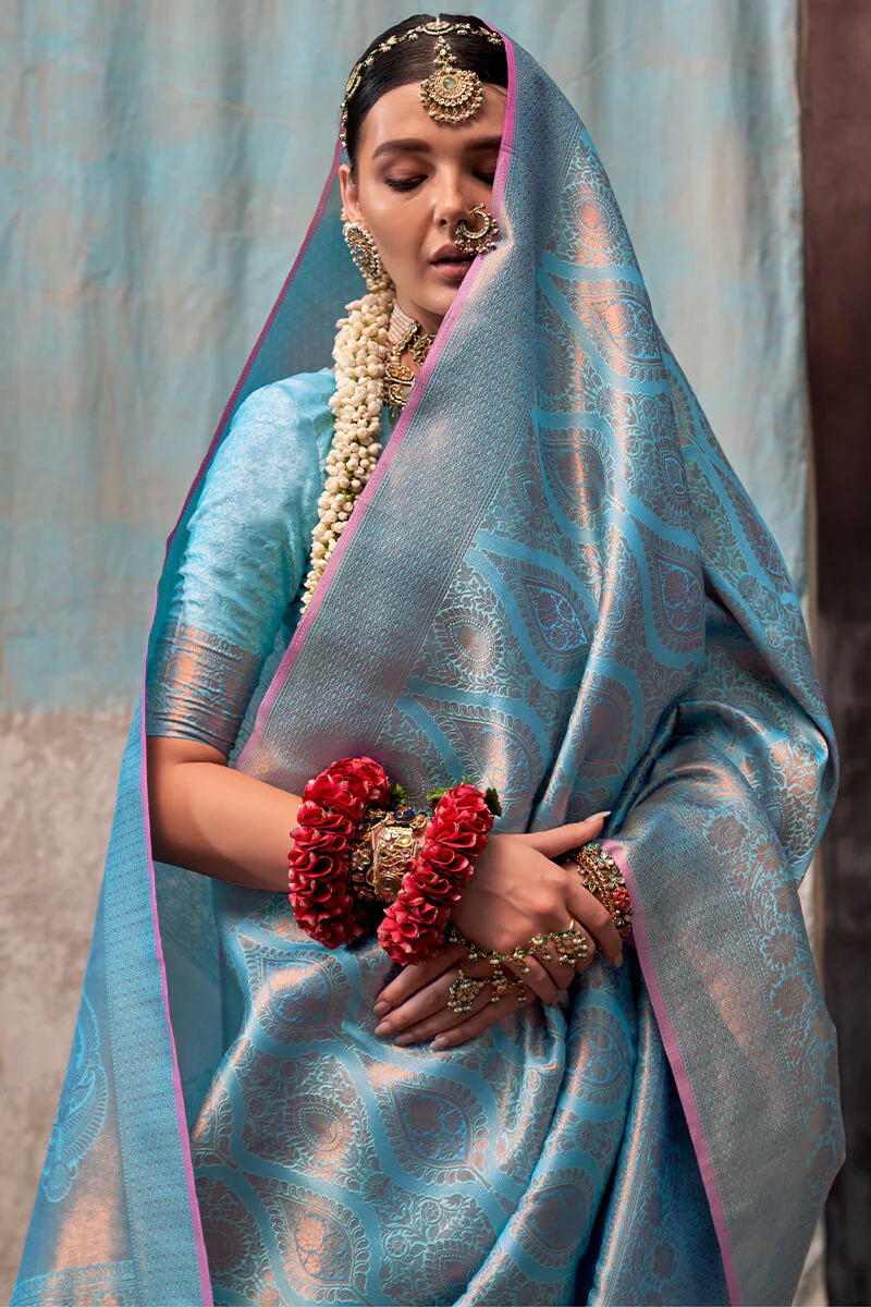 Demesne Firozi Kanjivaram Silk Saree With Imbrication Blouse Piece - Image 2
