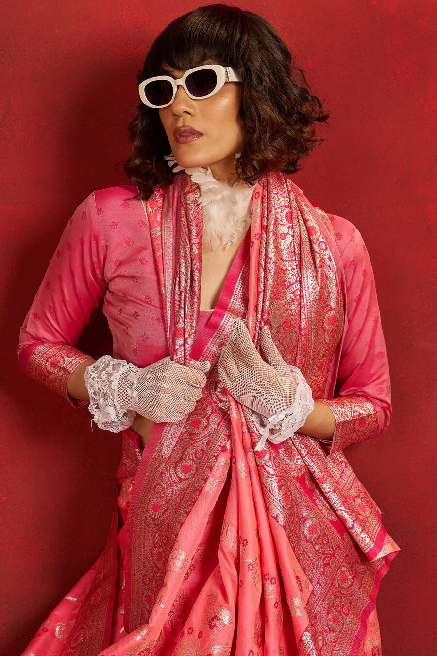 Demesne Pink Pure Zari Weaving Banarasi Silk Saree With Confounding Blouse Piece - Image 2