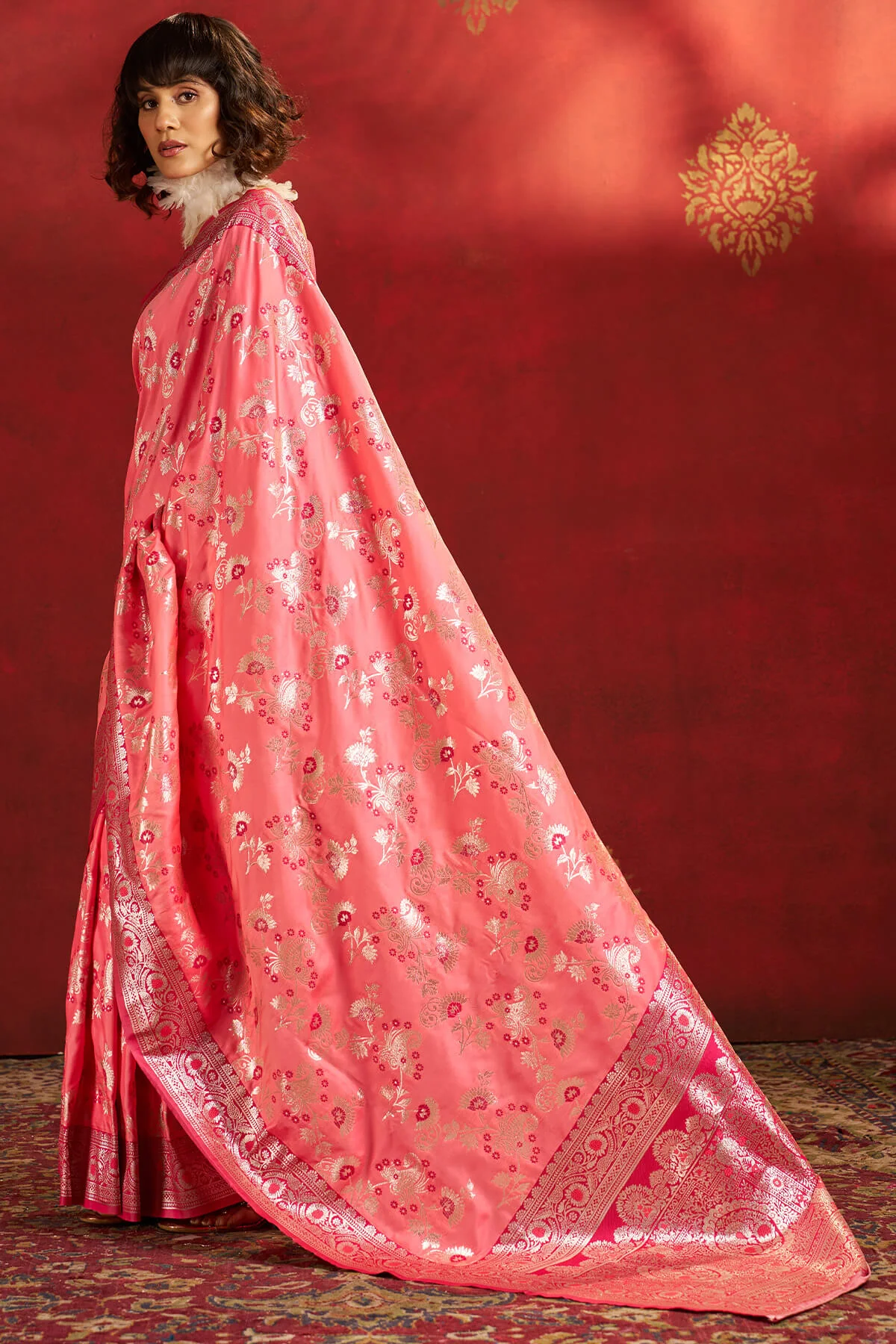 Demesne Pink Pure Zari Weaving Banarasi Silk Saree With Confounding Blouse Piece - Image 4