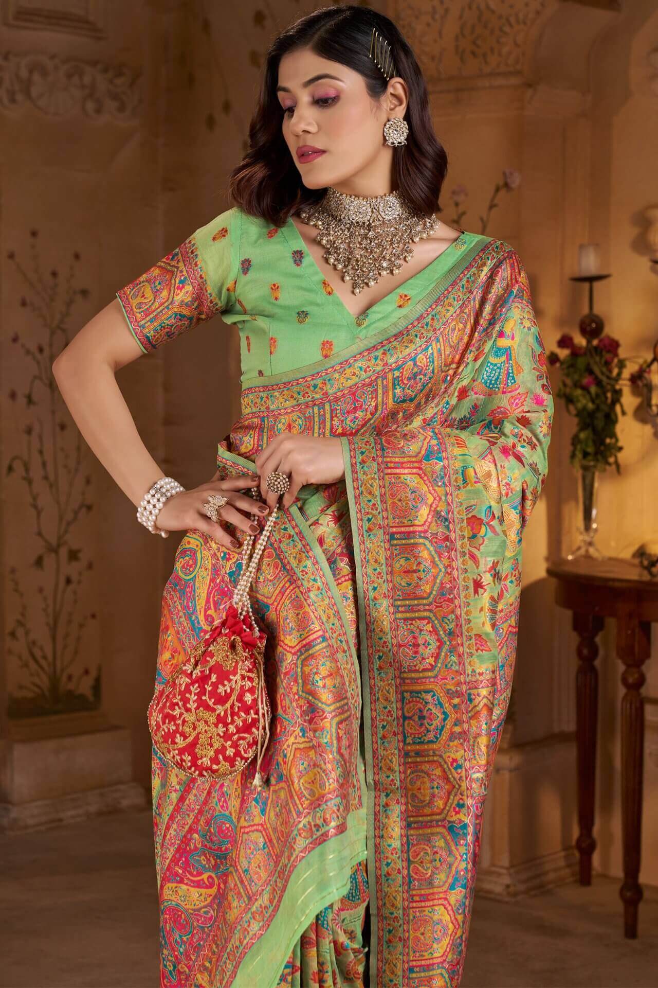 Demesne Pista Pashmina Saree With Classy Blouse Piece - Image 2