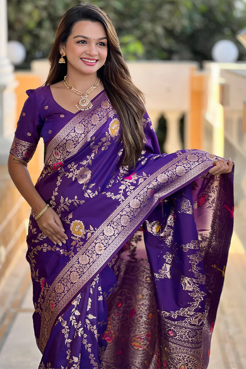 Demesne Purple Soft Banarasi Silk Saree With Palimpsest Blouse Piece - Image 2