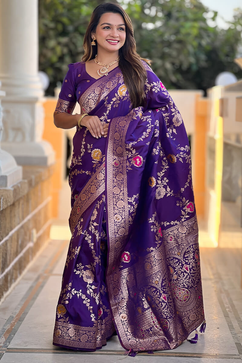 Demesne Purple Soft Banarasi Silk Saree With Palimpsest Blouse Piece - Image 3