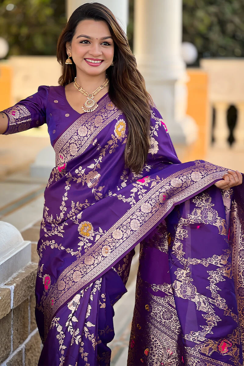 Demesne Purple Soft Banarasi Silk Saree With Palimpsest Blouse Piece - Image 5