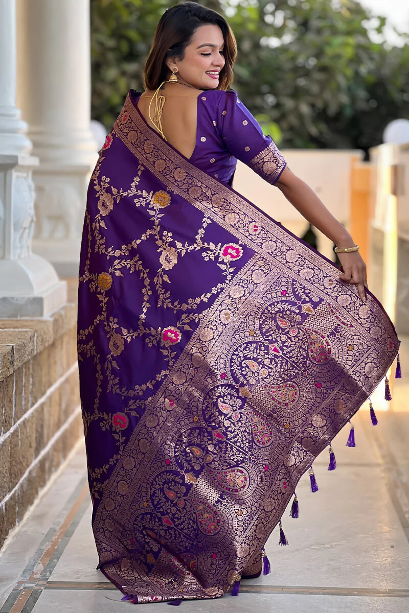 Demesne Purple Soft Banarasi Silk Saree With Palimpsest Blouse Piece - Image 6