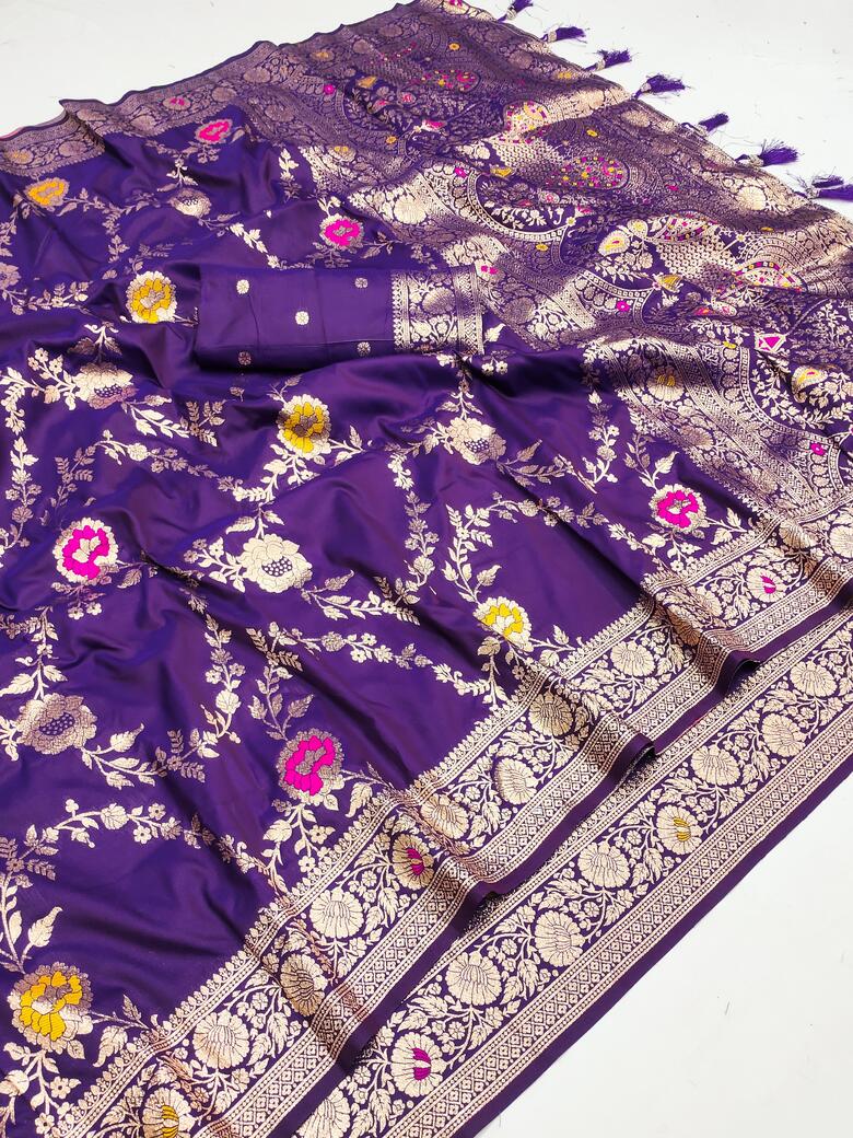Demesne Purple Soft Banarasi Silk Saree With Palimpsest Blouse Piece - Image 7