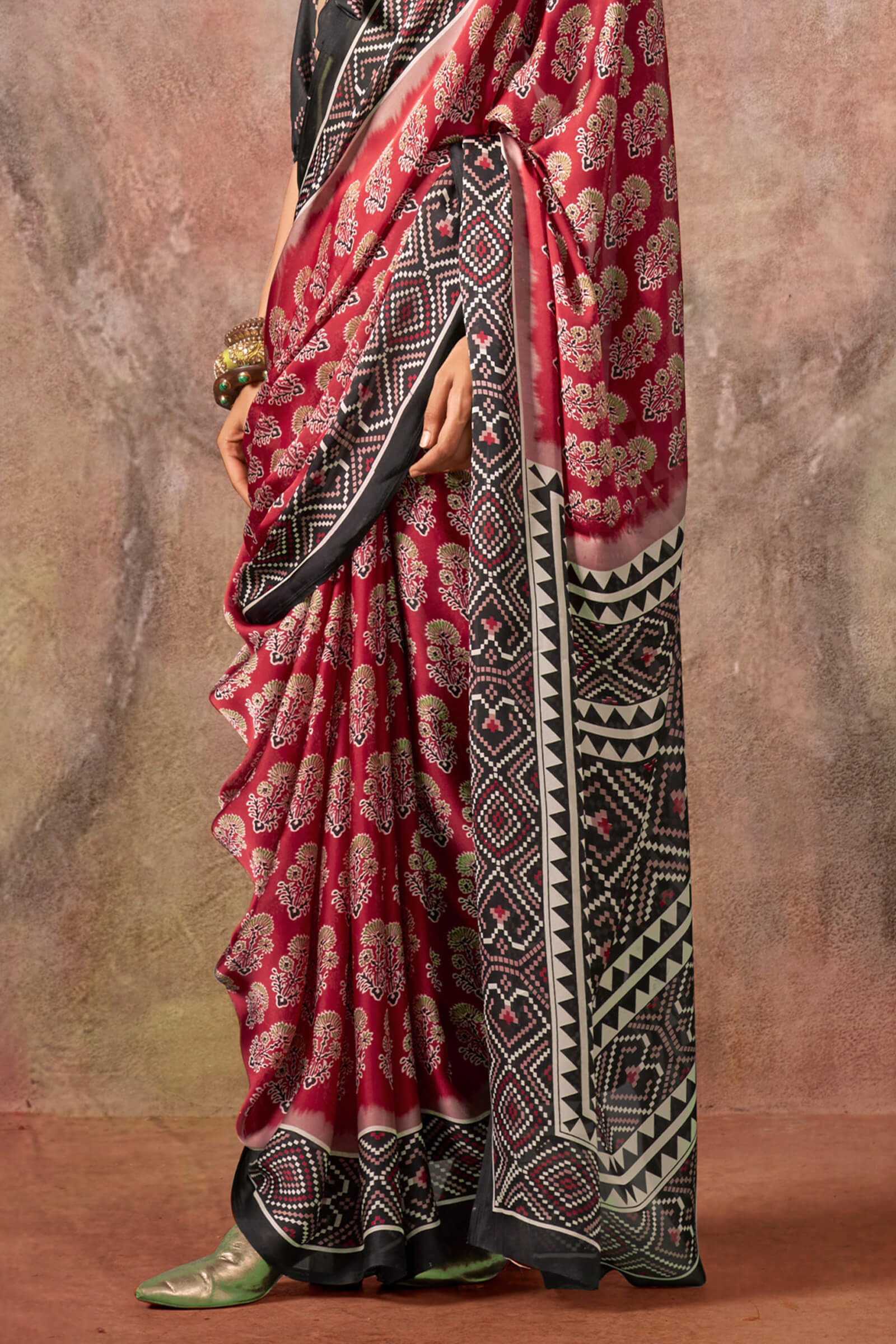 Demesne Red Ajrakh Printed Satin Silk Saree With Embrocation Blouse Piece - Image 4