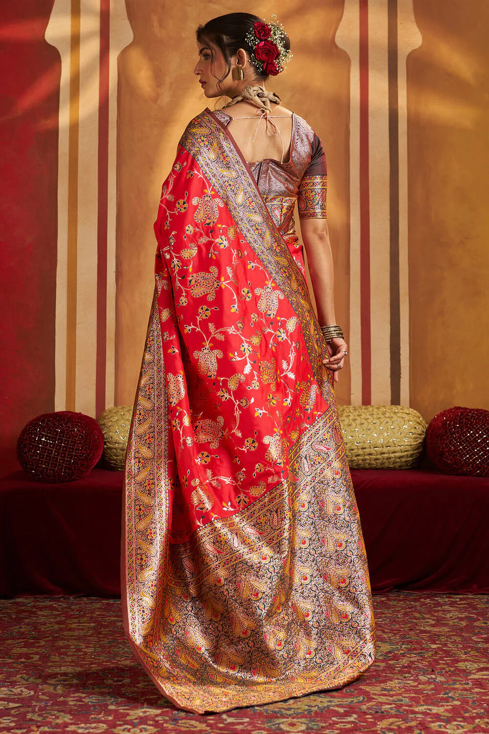 Demesne Red Pure Zari Weaving Banarasi Silk Saree With Lovely Blouse Piece - Image 5