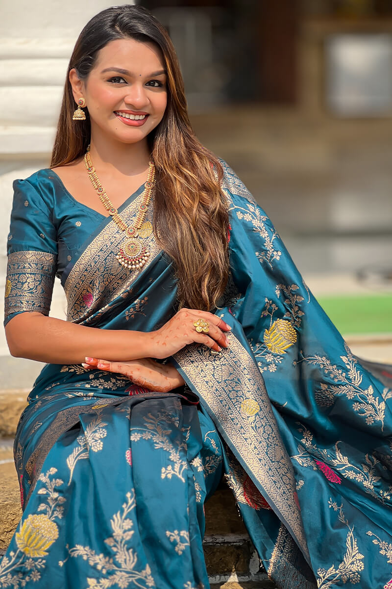 Demesne Teal Blue Soft Banarasi Silk Saree With Forbearance Blouse Piece - Image 5