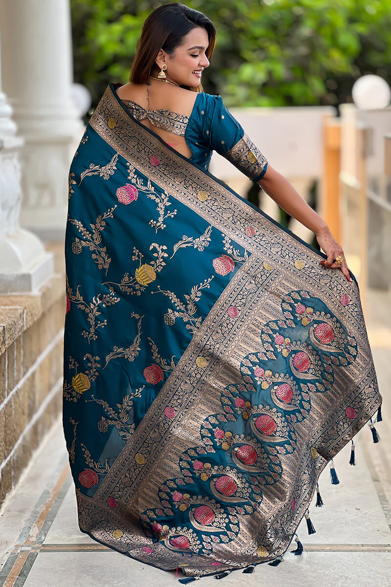 Demesne Teal Blue Soft Banarasi Silk Saree With Forbearance Blouse Piece - Image 6