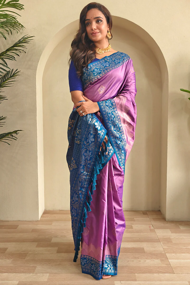 Demure Lavender Soft Banarasi Silk Saree With Evocative Blouse Piece - Image 2
