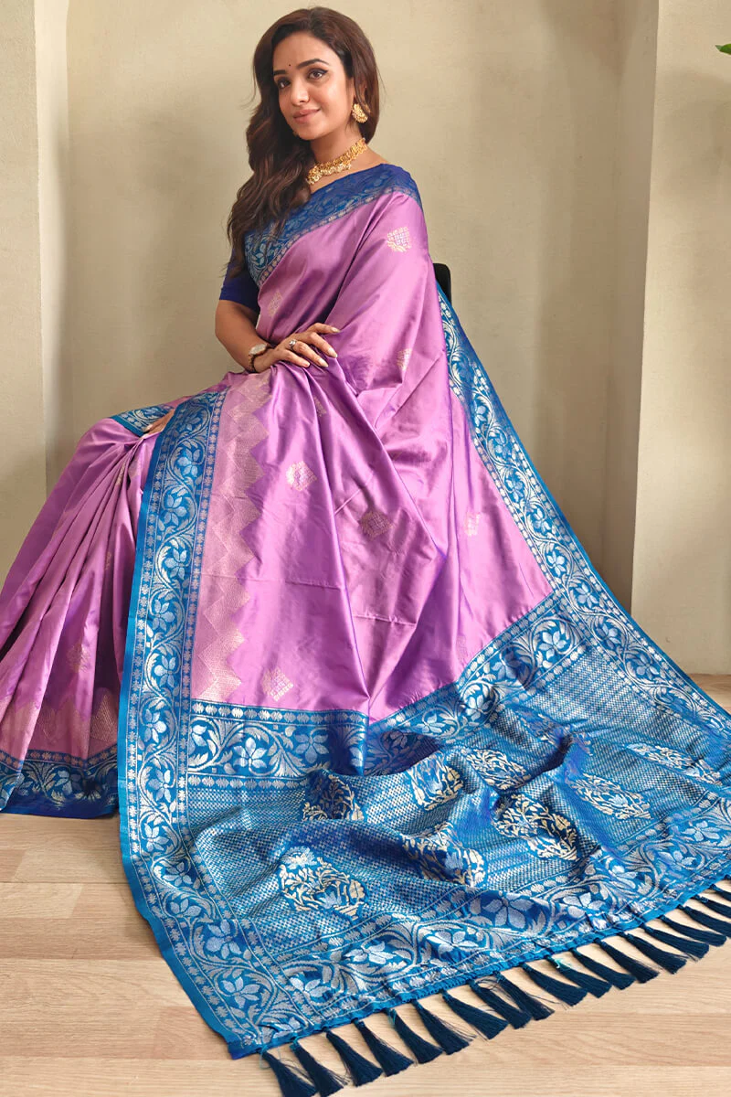 Demure Lavender Soft Banarasi Silk Saree With Evocative Blouse Piece - Image 4