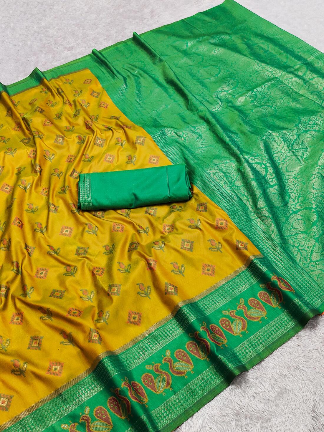 Demure Mustard Pure Zari Weaving Banarasi Silk Saree With Ideal Blouse Piece