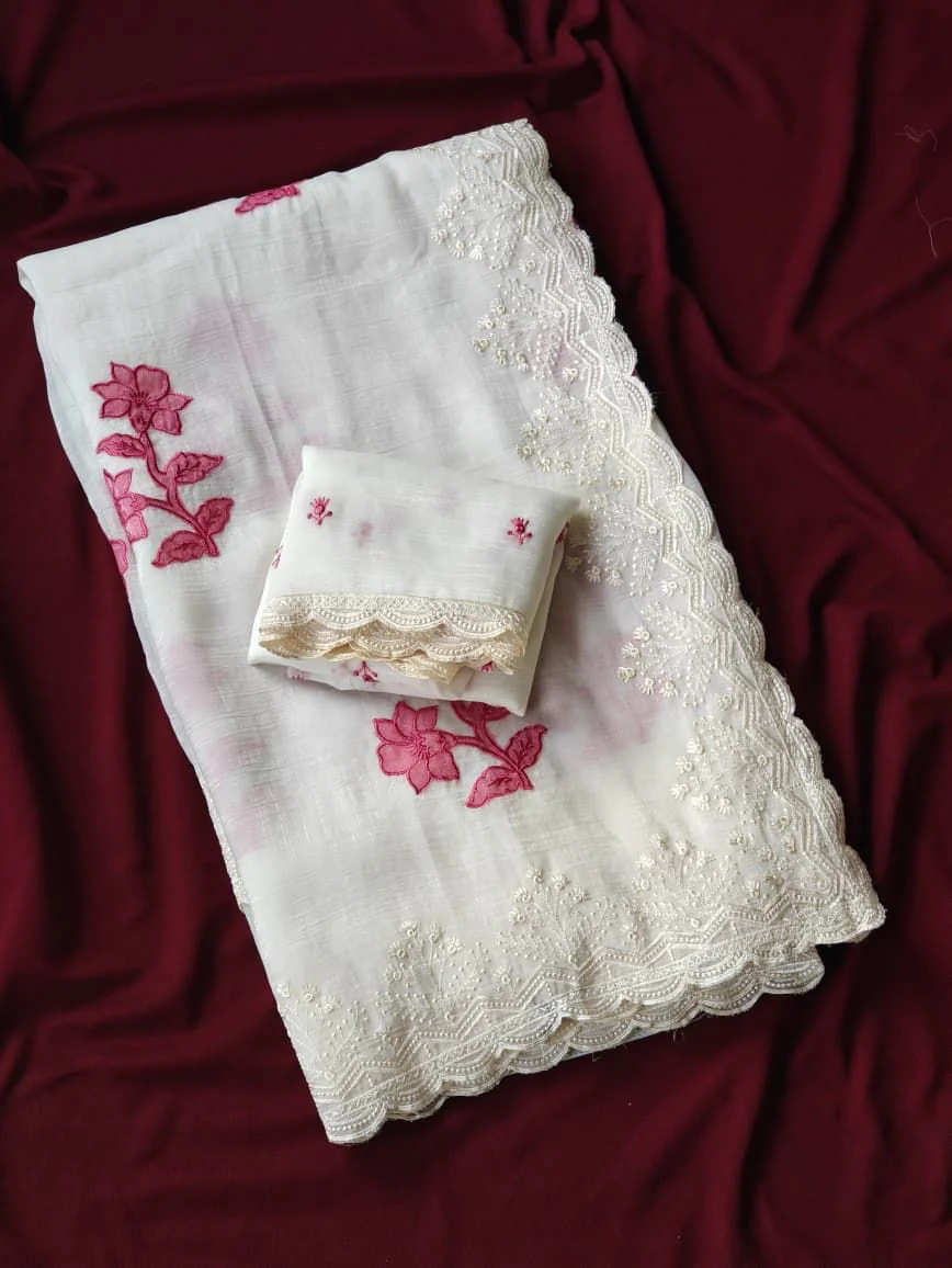 Demure Off White Embroidery Work Crush Silk Saree With Pleasant Blouse Piece