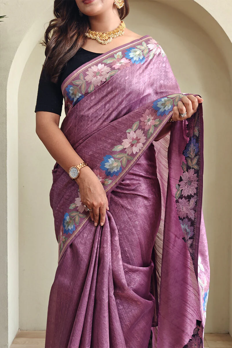 Demure Purple Embroidery Work Tussar Silk Saree With Extraordinary Blouse Piece - Image 4